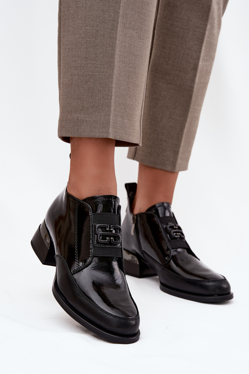 Damskie Półbuty Lakierowane Skóra Niski Obcas Ozdoba Czarne Vinceza 91161