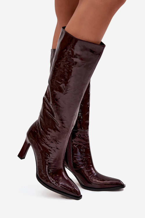 Leather Lacquered Women's Boots Heeled Lined D&A CR52-716 Burgundy