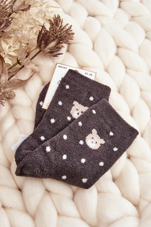 Women's Warm Polka Dot Socks with Dark Grey Teddy Bear