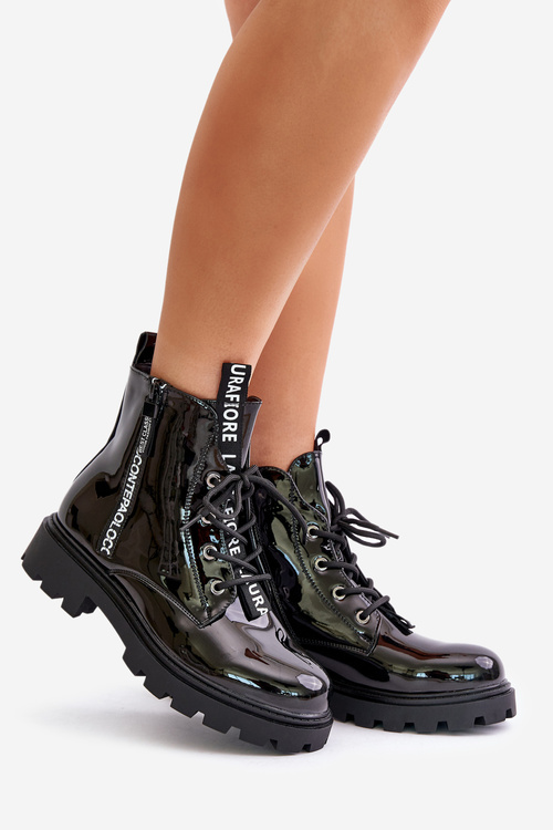 Lacquered Worker Boots Women's Insulated With Writings Black Zinfreya