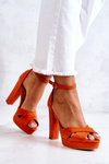 Sandałki Zamszowe Obcas Słupek Pomarańczowe Lanelle