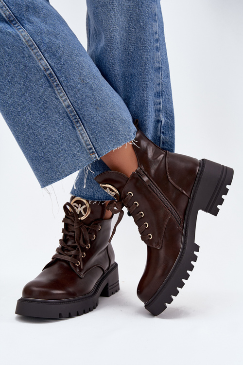 Damskie Botki Z Ozdobnym Detalem Eko Skórzane Ocieplane Czekoladowe Kavirae