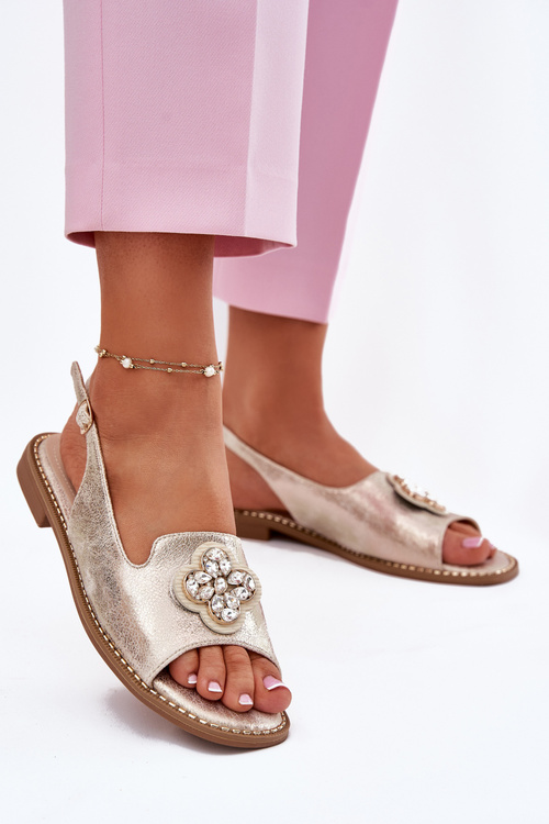 Sandały Damskie Ozdobny Detal Płaski Obcas Złote S.Barski KV51-080