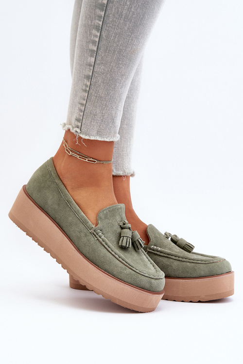 Women's Platform Moccasins with Fringes Green Mialani