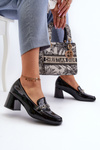 Black Patent Low Heel Court Shoes with Decoration Makki