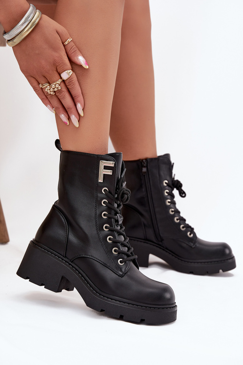 Women's Workery Boots Block Heel Insulated With Letter F Black Lurina