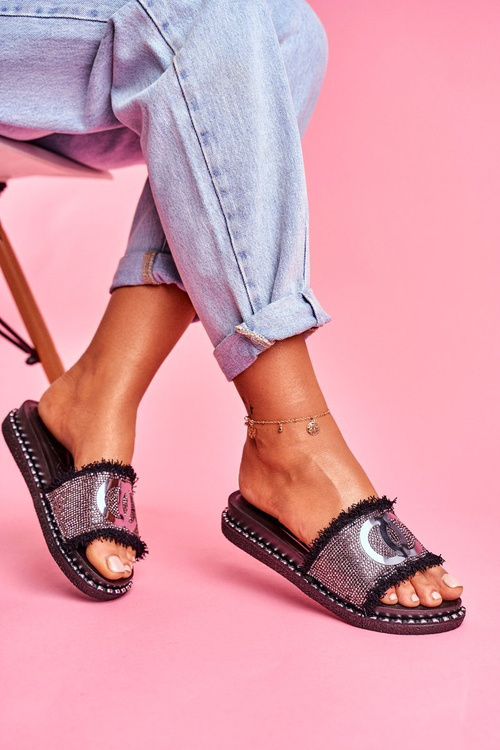 Slippers With Crystals On The Platform Black Candy Man