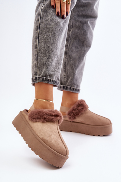 Kapcie Damskie Z Futerkiem Na Platformie Ciemnobeżowe Linaris