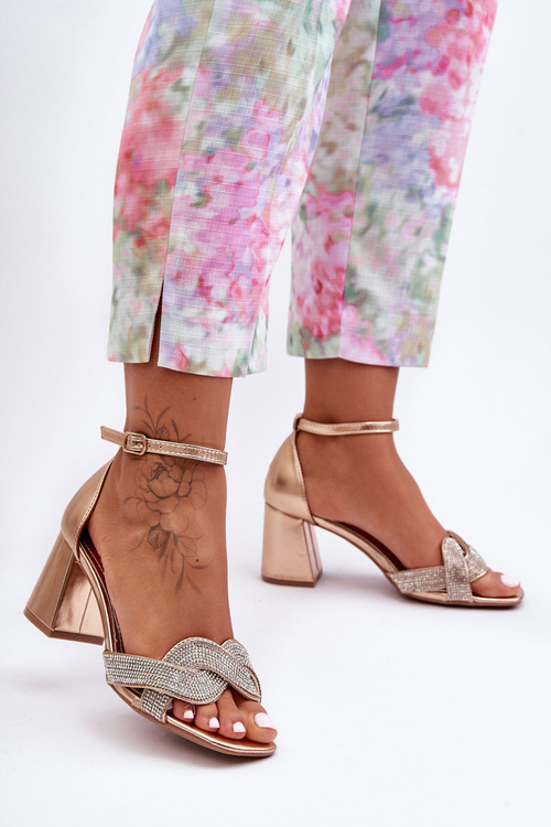 Low Heel Sandals with Rhinestones Rose Gold Monra