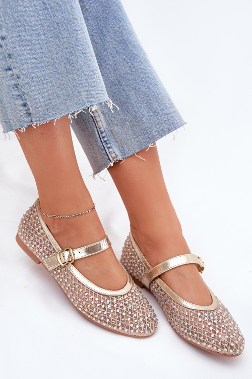 Decorated Women's Ballet Flats With Strap And Buckle Gold Avirae