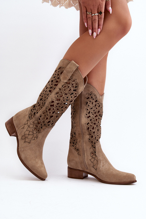 Zazoo 3403 Openwork Low Heel Women's Boots Beige