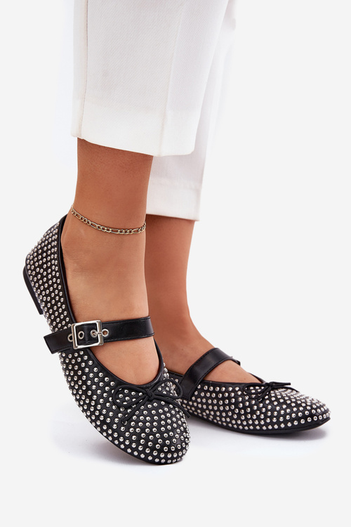 Embellished Ballet Flats With Bow And Strap Black Zdivisa