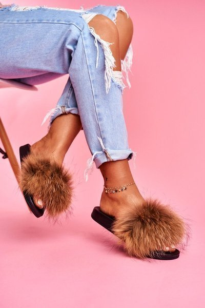 Flip Flops With Natural Fur Camel Elsa