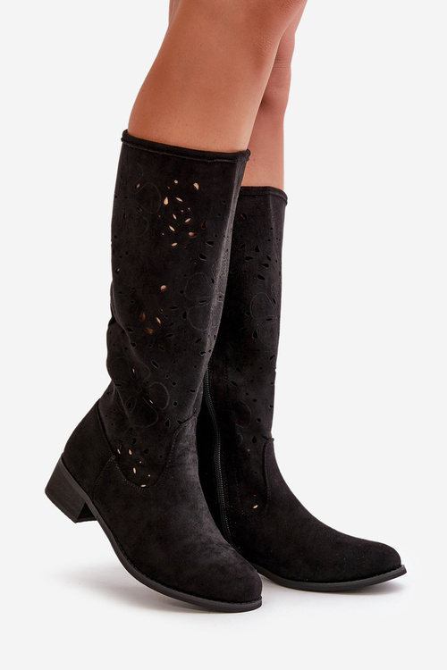 Women's Suede Boots with Lacing Black Tanive