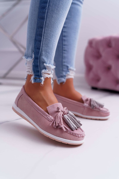 Women's Leather Suede Moccasins With Tassels Pink Batist