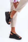Black Women's Leather Wedge Sandals with Ornament Salvania