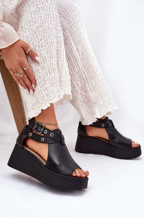 Leather Wedge Sandals Black Zazoo 1732