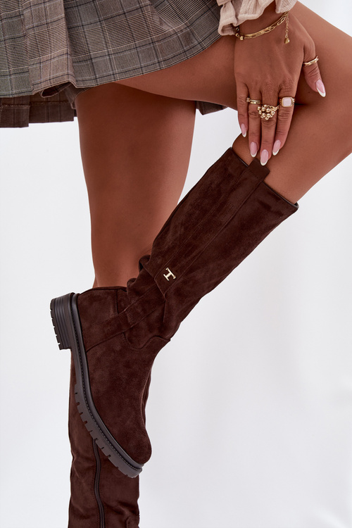 Women's Fur-lined Boots Flat Heel Eco Suede Chocolate Delyssa