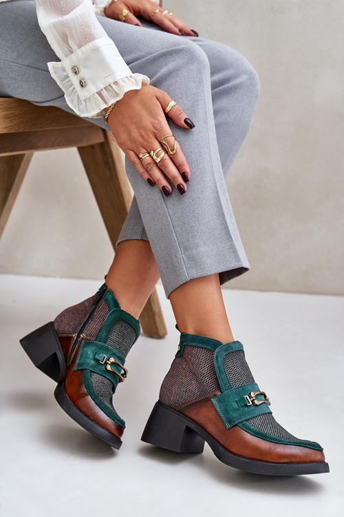 Leather Women's Boots On Chunky Heel With Ornament Maciejka 06747-29 Brown-Green