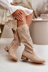 Ladies Perforated Ankle Boots On Low Heel Eco Suede Zip Fastening Light Beige Orchides