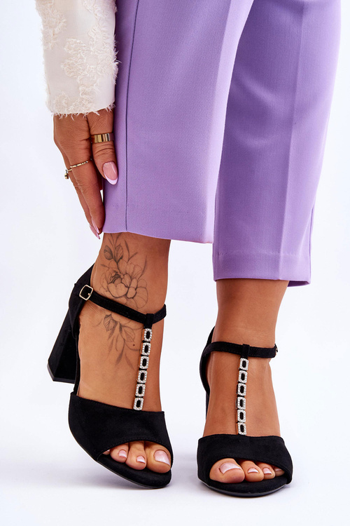 Suede High Heel Sandals With Cubic Zirconia Black Aniya 