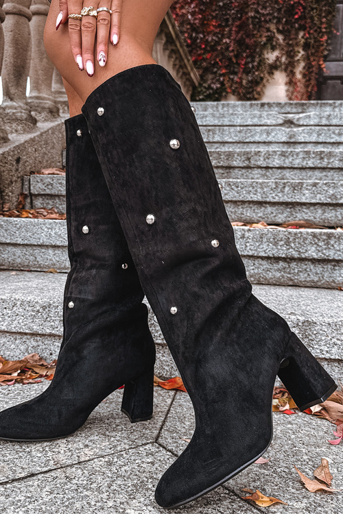 Damskie Kozaki Obcas Słupek Ozdobne Detale Ocieplane Czarne Lucinda