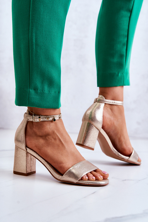 Sandały Damskie Modne Obcas Słupek Złote Lucida