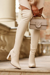 Leather Knee-High Boots on Heel Beige Amalitas
