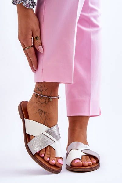 Classic Women's Leather Slippers White-Silver Nancy