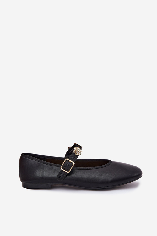 Women's Ballerinas With Strap And Golden Decorations Black Firicene