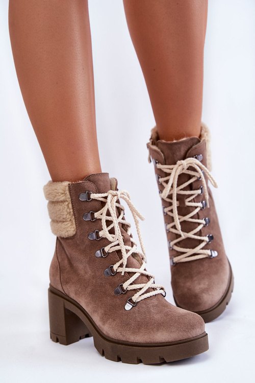 Botki Damskie Zamsz Sznurowane Obcas Brązowe Lemar Fenya