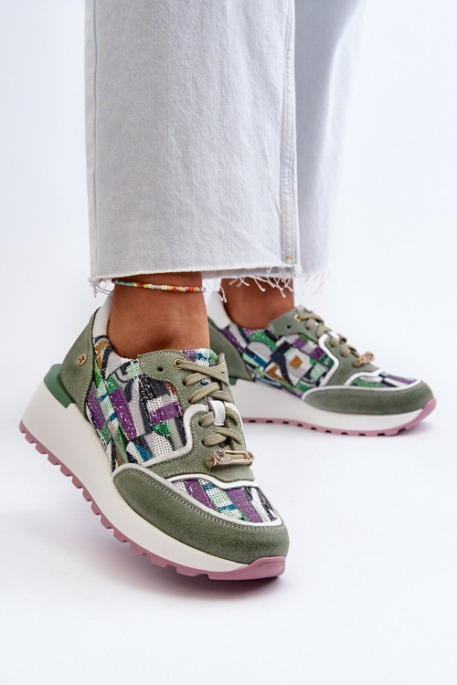 Sneakersy Skóra Naturalna Damskie Platforma Seledynowe Maciejka 06390-09