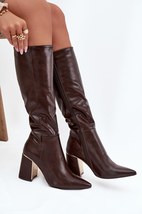 Women's High Heel Boots with Gold Element Chocolate Alessine