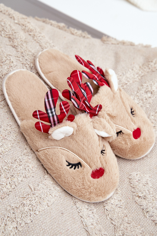 Christmas Slippers With Reindeer Motif Beige Sylaia