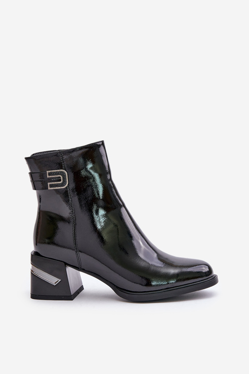 Ocieplane Lakierowane Botki Obcas Ozdoba Czarne MR880-093