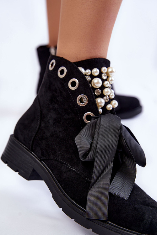 Suede Boots With Pearls And Ribbon Black Perla