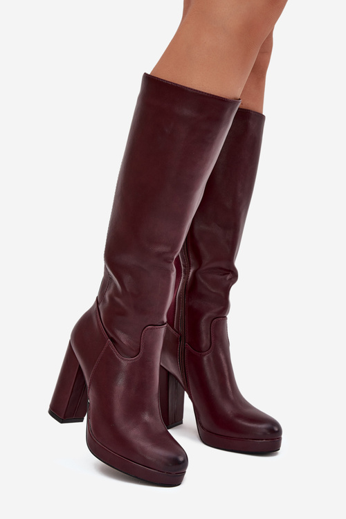 Women Knee High Boots On Heels Eco Leather Burgundy Thalina