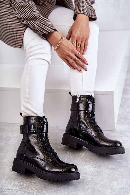 Women's Lace-up Laquered Flat Heel Boots Black Firmina