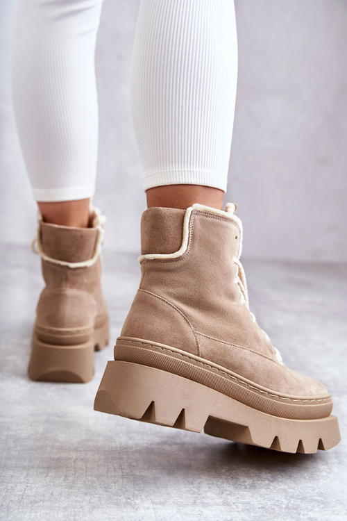 Suede Warm Lace Up Boots Beige Elisabeth