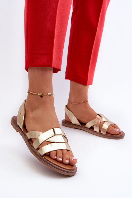 Sandały Damskie Płaskie Eko Skórzane Złote Vinceza 17347