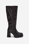 Ladies Knee High Boots With Zipper Block Heel Black Selvia