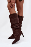 Wrinkled High Heel Boots Made of Eco Suede Insulated Chocolate Mavella