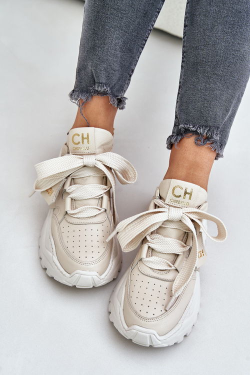 Skórzane Sneakersy Damskie CheBello 4583 Beżowe