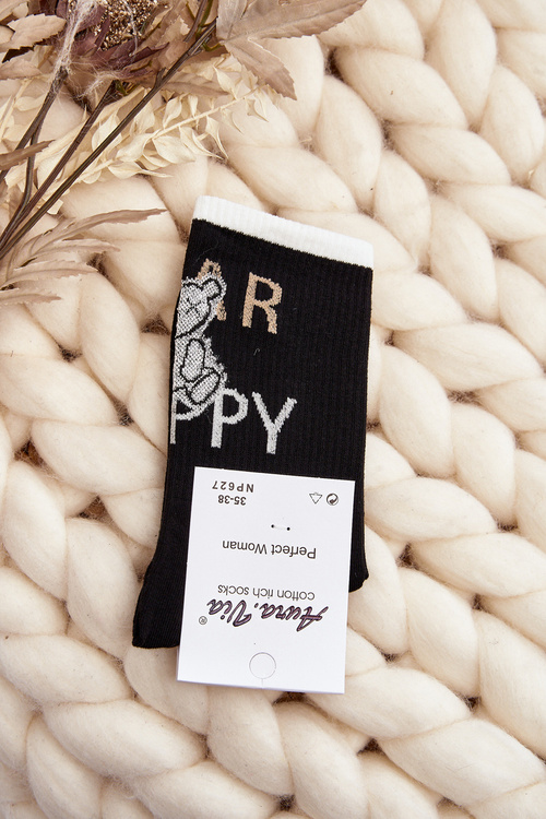 Women's Cotton Socks with Writing and Bear Black