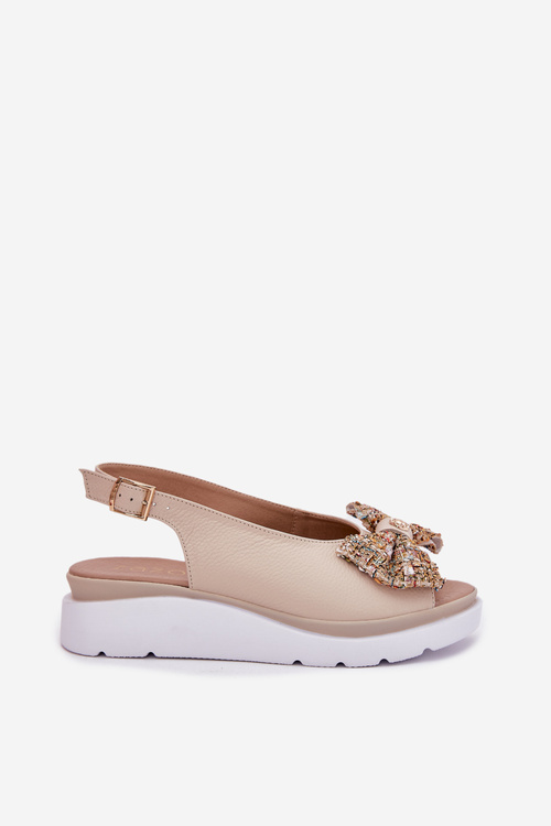 Ladies Leather Wedge Sandals With Bow Beige Zazoo 1882