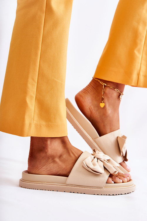 Klapki Klasyczne Damskie Skórzane Kokarda Beżowe Dessy