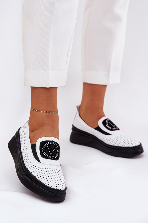 Ladies Leather Moccasins On Platform And Wedge White Vinceza 79522