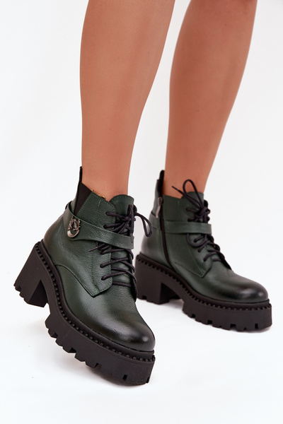Leather Women's Block Heel Boots with Decorative Strap Insulated Zazoo 60557 Dark Green