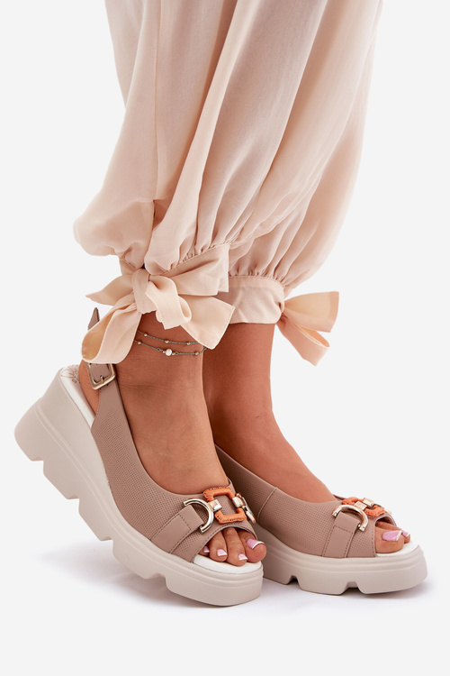 Leather Women's Wedge and Platform Sandals with Decoration Artiker 56C2208 Dark Beige