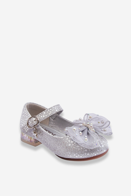 Children's Ballerinas With Velcro Bow Silver-Grey Nicola